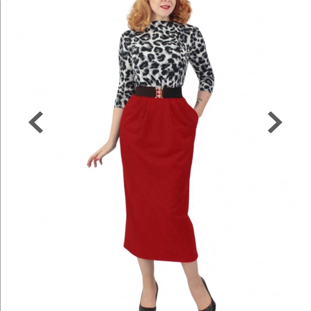 Vivien of Holloway Sz 18 Red Pocket Pencil Skirt Wool Type Fabric, Vintage pinup